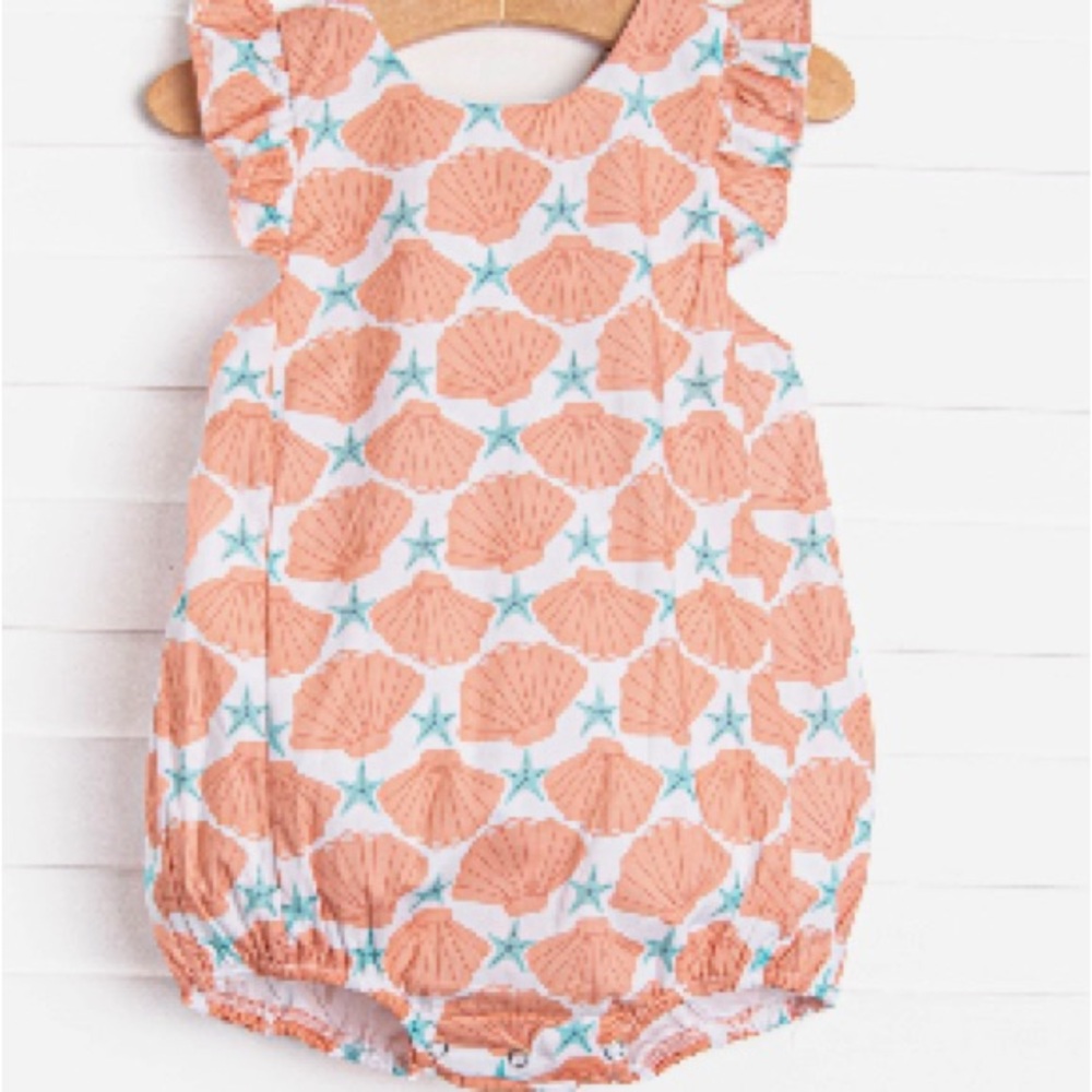 Stitchy Fish Orange Seashell Baby Bubble Romper *Sister match listed*